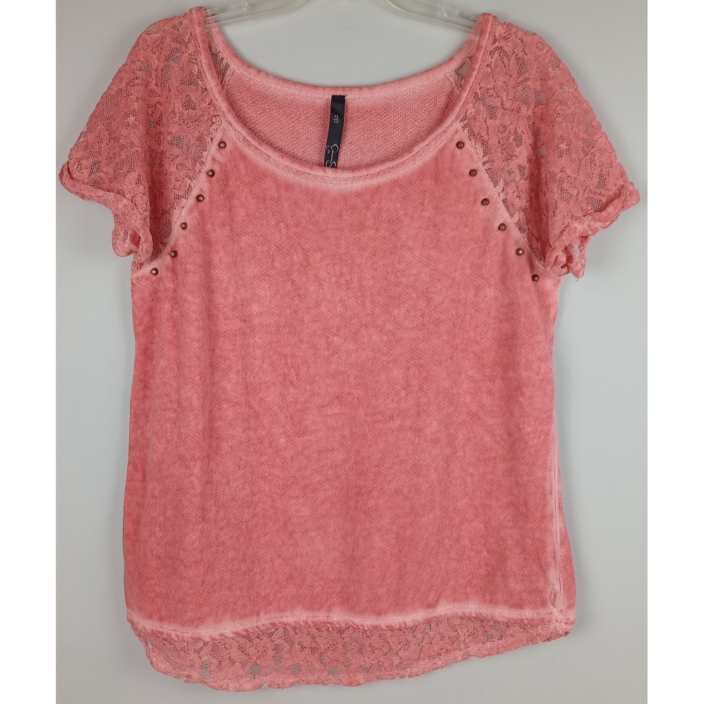 Jessica Simpson Women XL Pink Lace Sleeves Brass Studs Short Sleeve Blouse Shirt